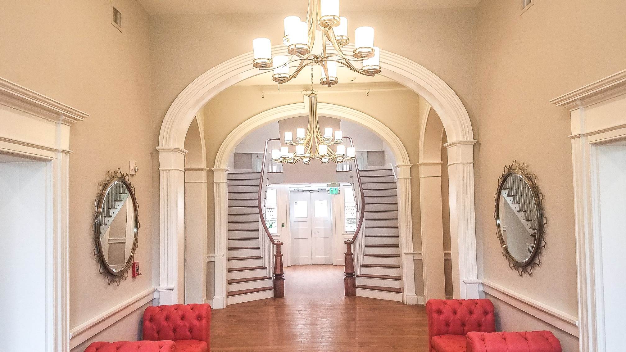 Image of the foyer at Blackburn Inn with grand entryway and staircase. The Blackburn Inn & Conference Center, a member of Historic Hotels since 2018, dates to 1828. It is located in Staunton, Virginia.